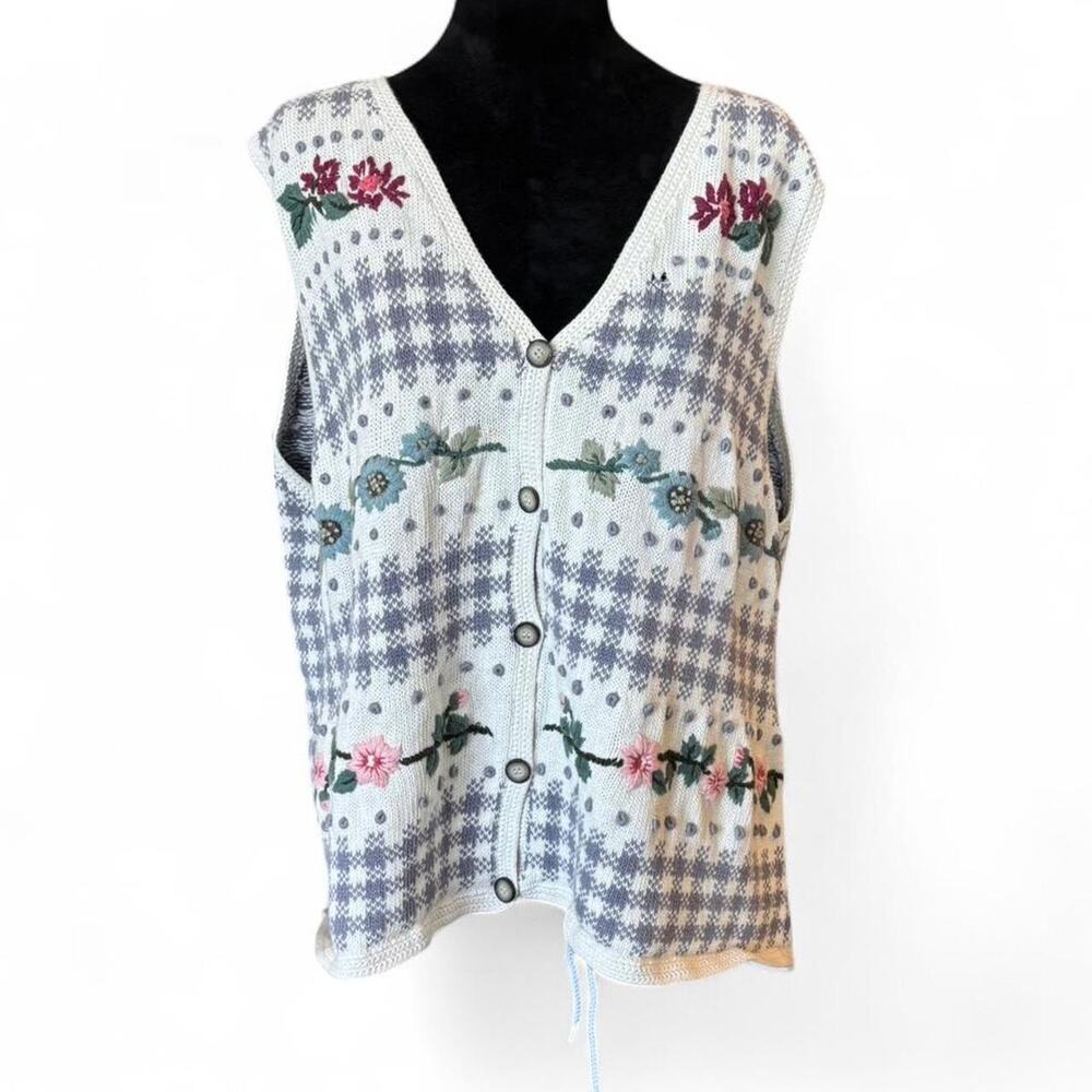 90s Knit Cream Sweater Vest – Cottagecore Floral Embroidered XXL - Picture 5 of 8